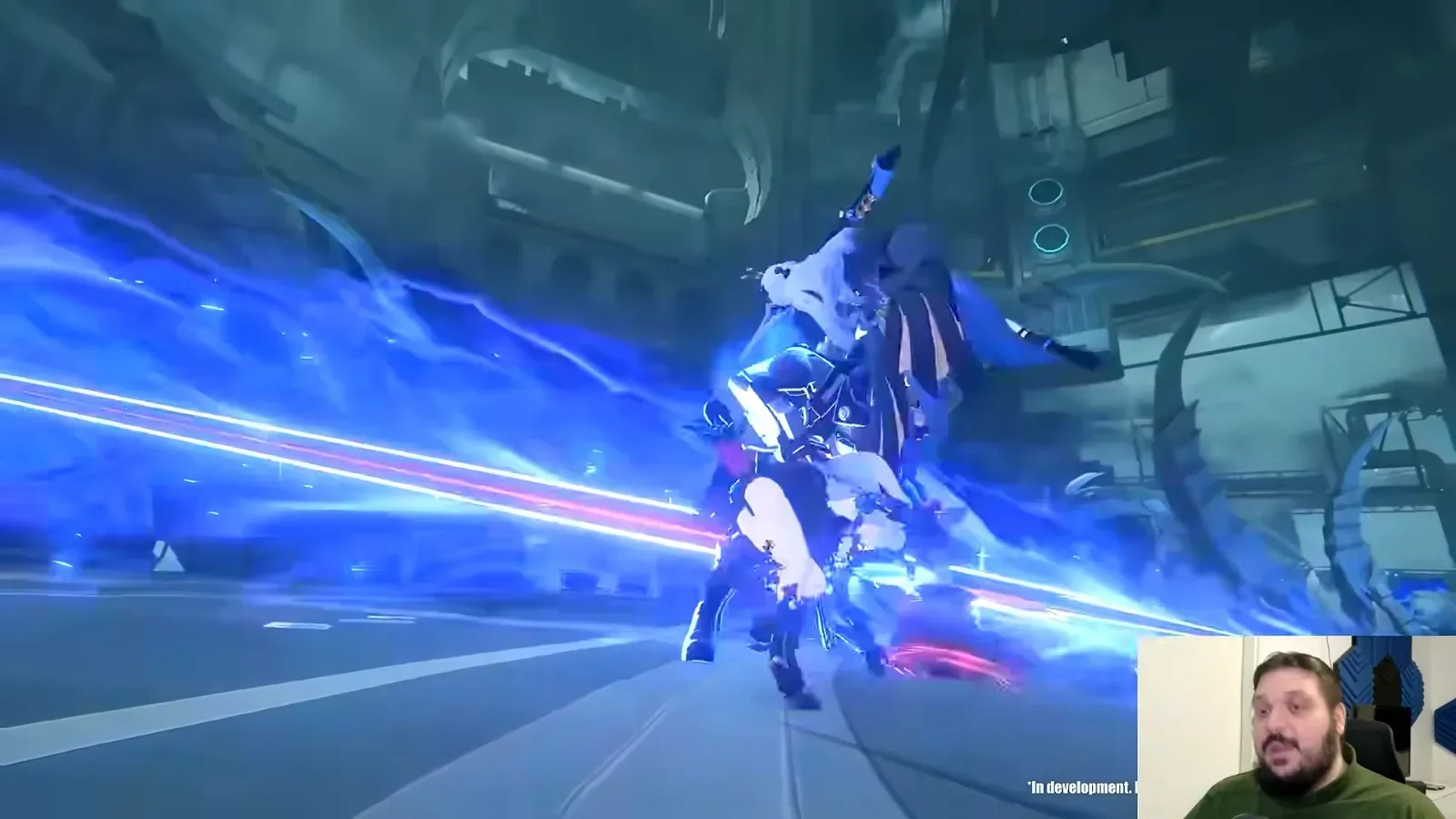 Robin ZZZ beta footage: Robin mid-leap in a sweep of blue Ether light across a ruined arena, with the in development watermark in the corner.