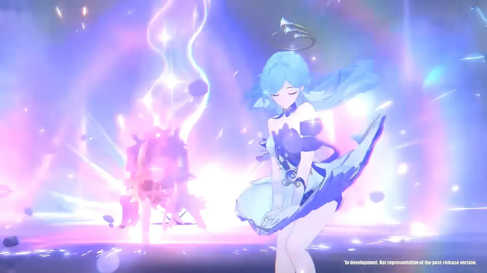 Robin in ZZZ, blue hair and white dress, singing her Ultimate on a pink stage of light in the 3.4 beta, marked in development.