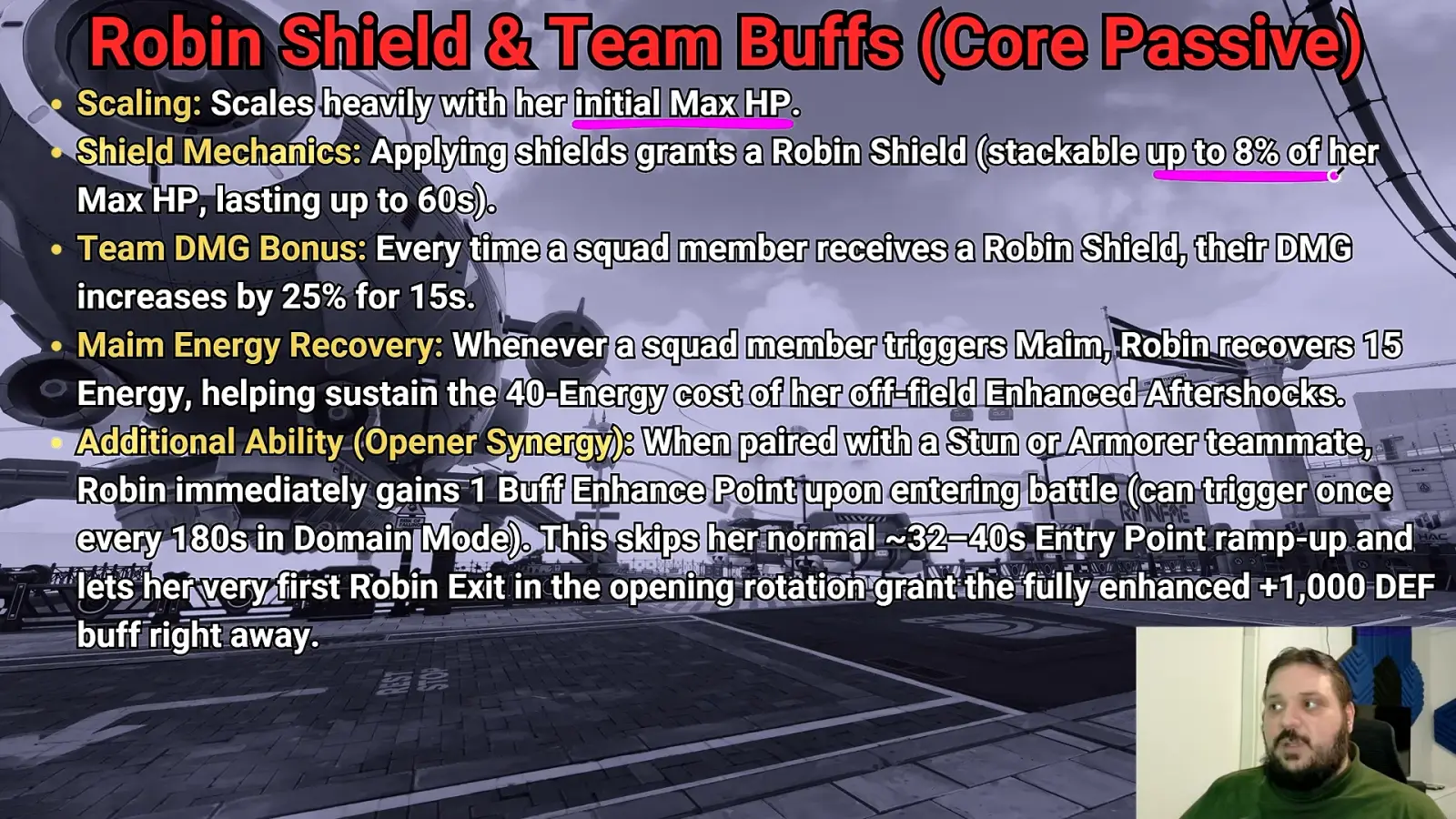 Robin ZZZ Core Passive slide: Robin Shield stackable up to 8% of her Max HP for 60s, +25% DMG for 15s, 15 Energy per Maim, one Buff Enhance Point.