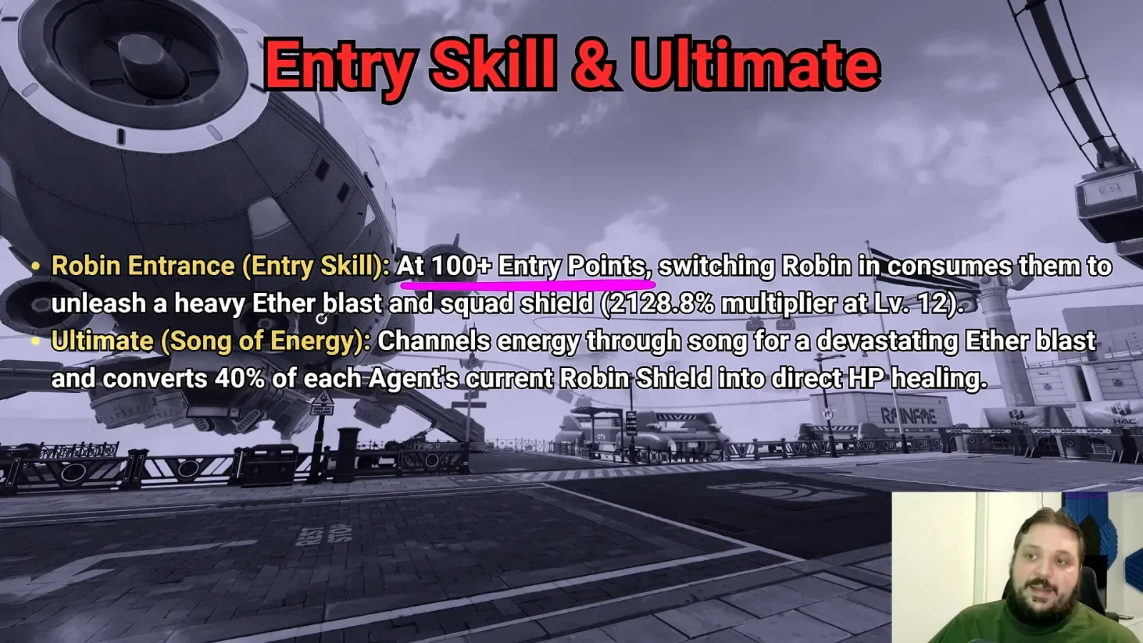 Robin ZZZ Entry Skill and Ultimate slide: Robin Entrance at 100 Entry Points, 2128.8% at Lv.12, Ultimate turns 40% of Robin Shield into healing.