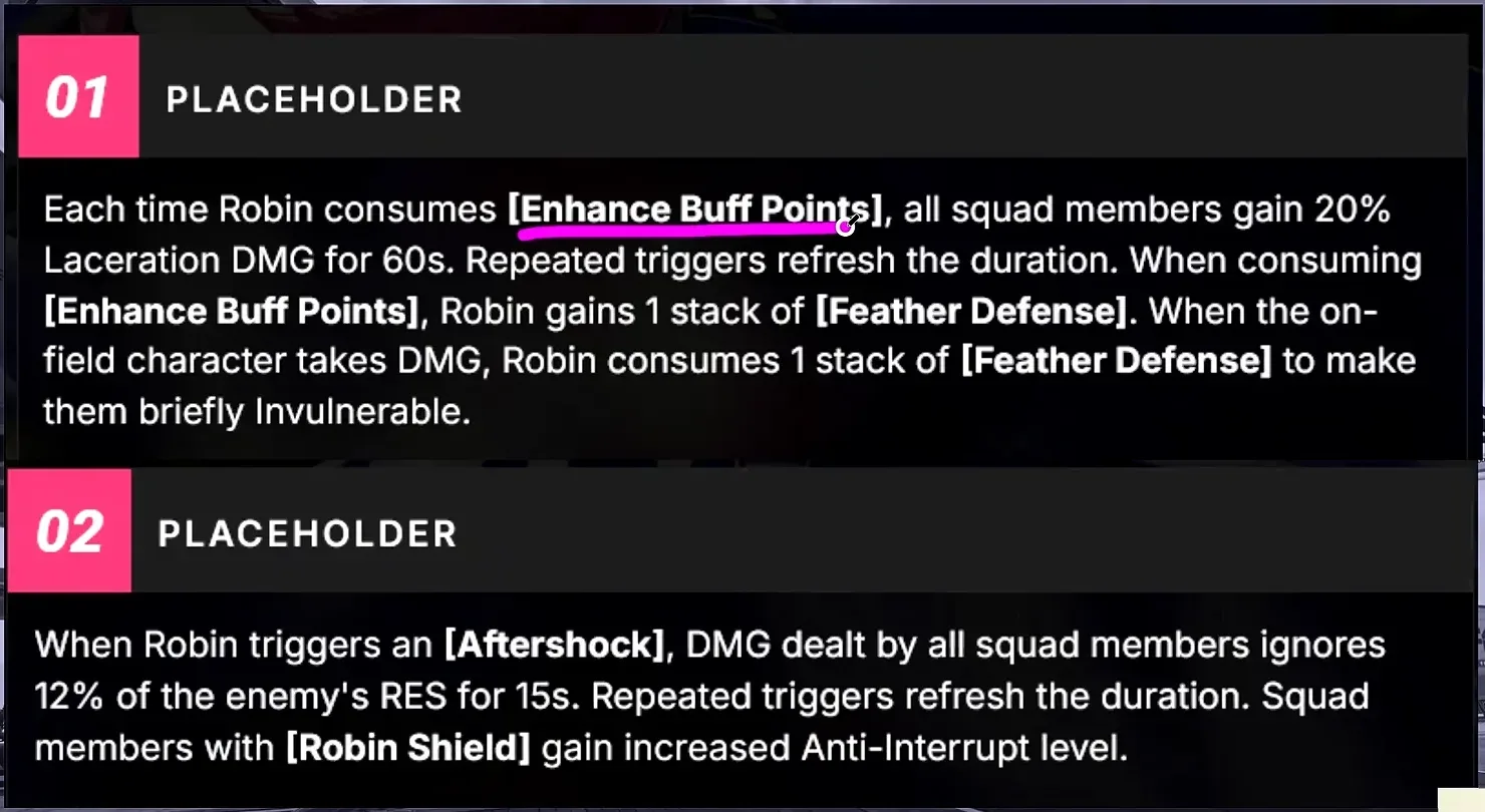 Robin ZZZ Mindscape 1 and 2 beta text: 20% Laceration DMG and Feather Defense on M1, Aftershock ignores 12% of enemy RES on M2.