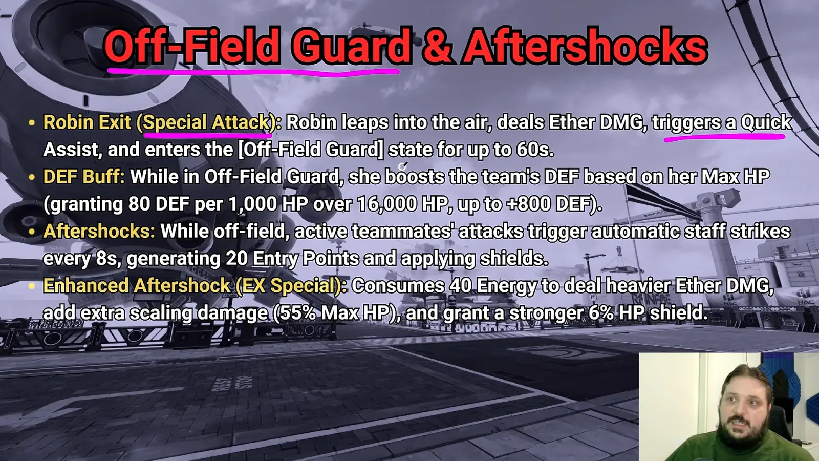 Robin ZZZ Off-Field Guard slide: Robin Exit triggers a Quick Assist, 80 DEF per 1,000 HP over 16,000 up to 800 DEF, Aftershocks every 8s.