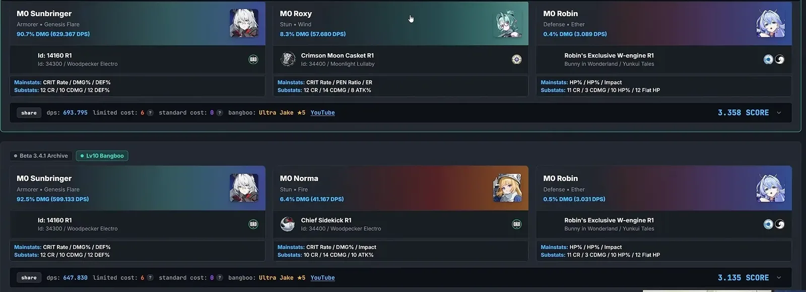 ZZZ beta DPS leaderboard: M0 Sunbringer, Roxy and Robin at 693,795 DPS, then Sunbringer, Norma and Robin at 647,830 DPS.