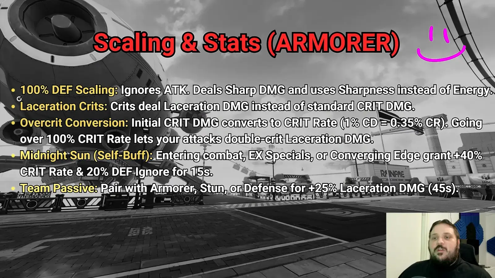 Sunbringer ZZZ Armorer stats slide: 100% DEF scaling, Laceration crits, 0.35% CRIT Rate per 1% CRIT DMG, Midnight Sun +40% CRIT Rate.