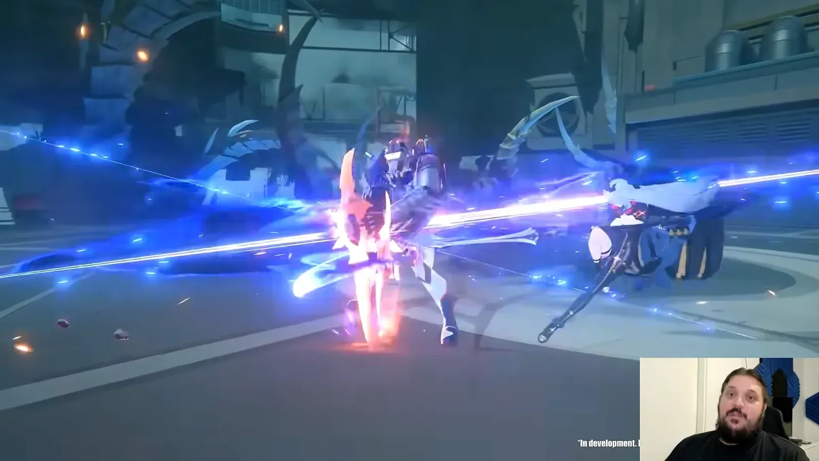 Sunbringer ZZZ beta combat: a blue and orange combo finisher slashing through a robot enemy in the arena, marked in development.