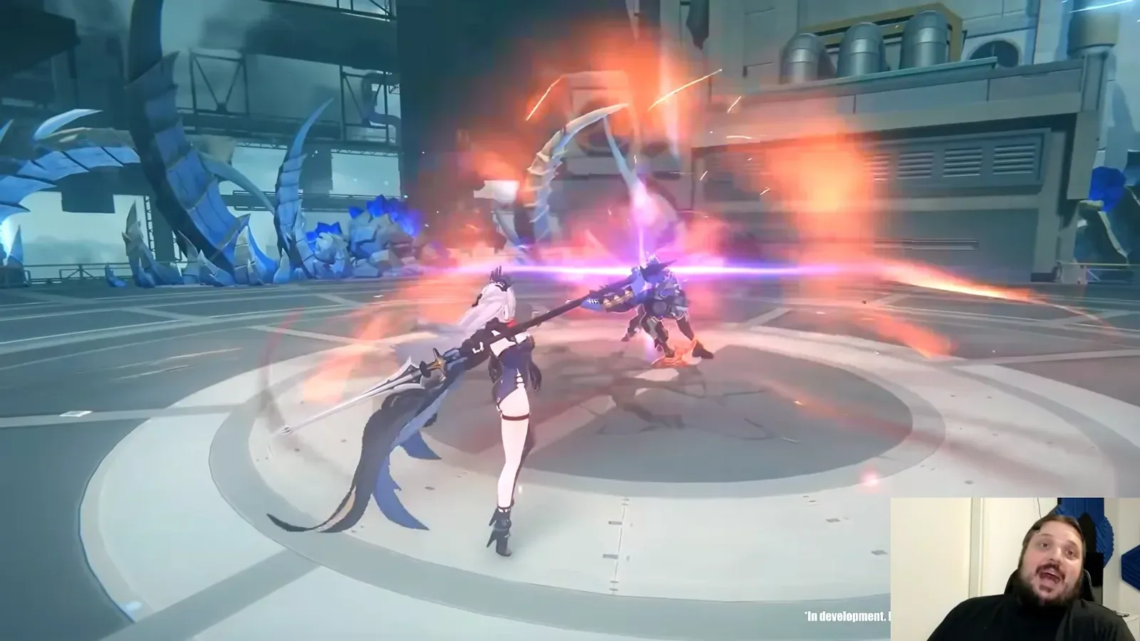 Sunbringer in ZZZ, white hair and a long black spear, swinging a fire-lit strike at a robot enemy in the 3.4 beta arena.