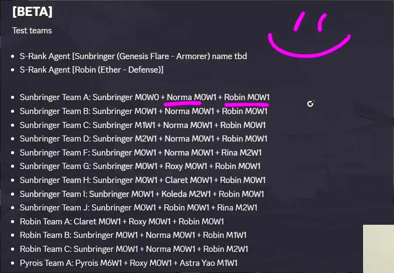 Sunbringer ZZZ beta test teams list: Sunbringer with Norma and Robin in teams A to D, plus Roxy, Claret, Koleda and Rina variants.