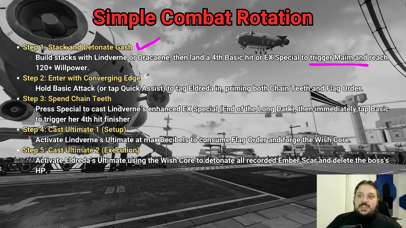 Sunbringer ZZZ simple combat rotation in five steps: stack Gash, Converging Edge, spend Chain Teeth, Lindverne Ultimate, Eldreda Ultimate.