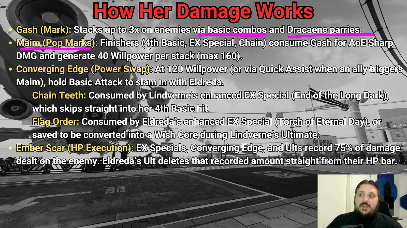 Sunbringer ZZZ damage slide: Gash up to 3 stacks, Maim gives 40 Willpower per stack up to 160, Converging Edge at 120, Ember Scar records 75%.