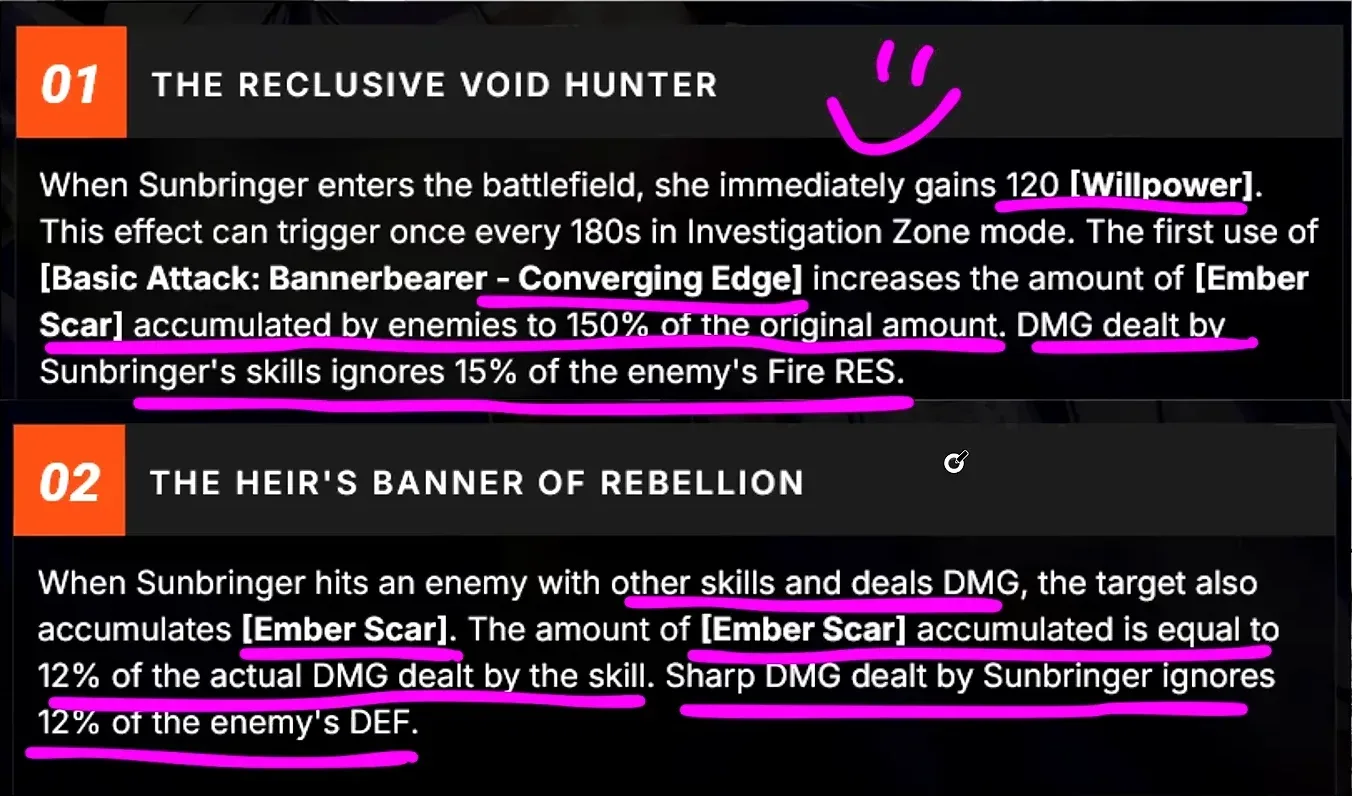 Sunbringer ZZZ Mindscapes in the beta: M1 The Reclusive Void Hunter, 120 Willpower and 15% Fire RES ignore; M2 Heir’s Banner of Rebellion, 12% DEF ignore.