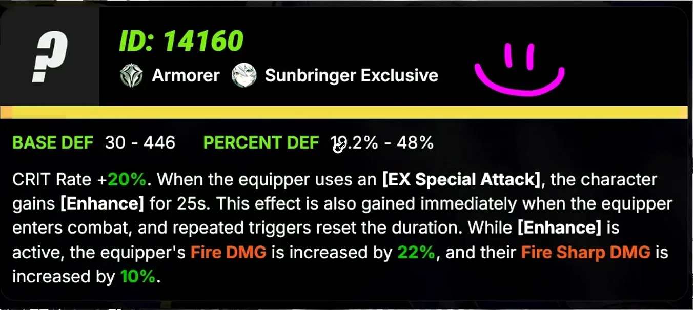 Sunbringer ZZZ signature W-Engine card, ID 14160: Armorer, Base DEF 30 to 446, DEF% 19.2% to 48%, CRIT Rate +20%, Fire DMG +22% while Enhanced.