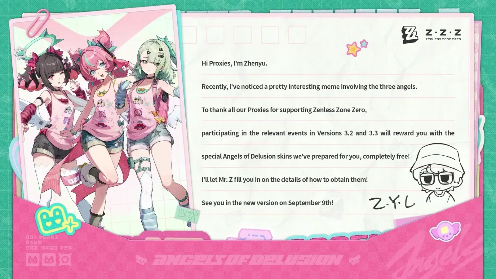 In-game letter from ZZZ producer Zhenyu announcing that taking part in Version 3.2 and 3.3 events rewards the special Angels of Delusion skins completely free.