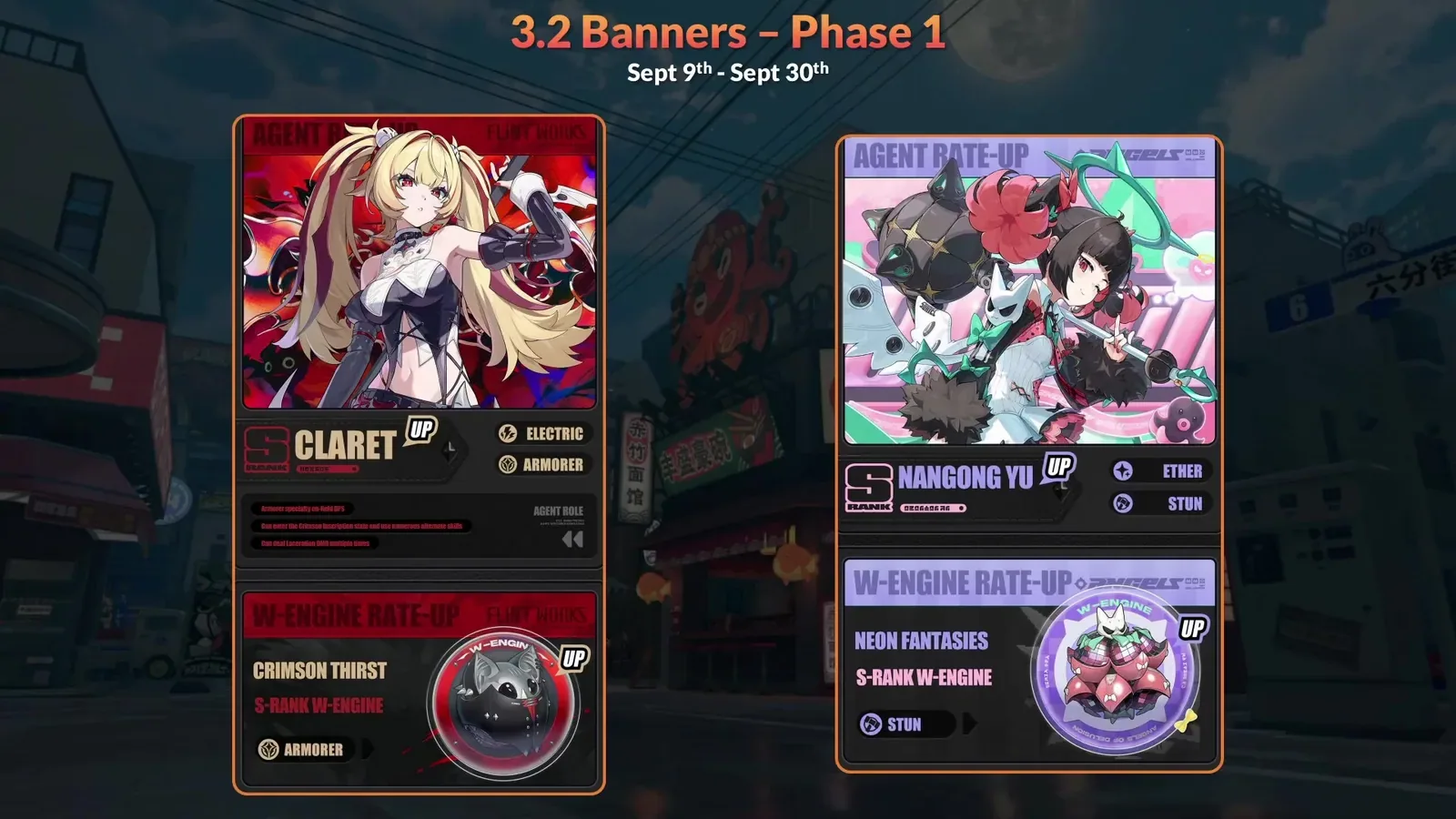 ZZZ 3.2 Phase 1 banner slide dated 9 to 30 September, showing Claret with Crimson Thirst and the Nangong Yu rerun with Neon Fantasies.