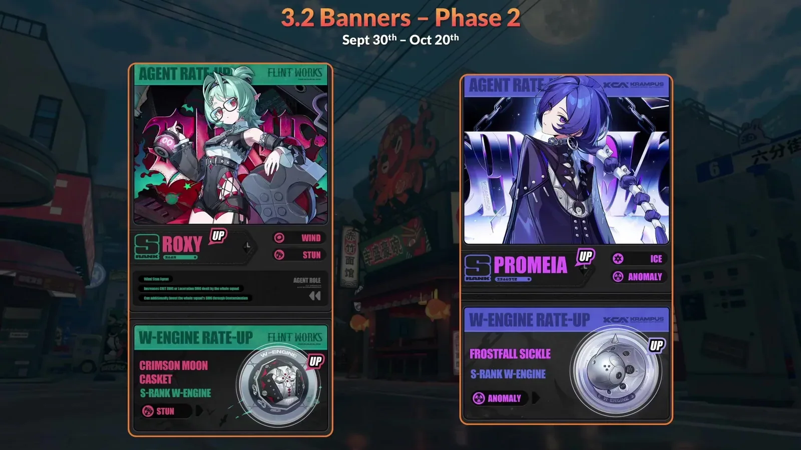 ZZZ 3.2 Phase 2 banner slide dated 30 September to 20 October, showing Roxy with Crimson Moon Casket and the Promeia rerun with Frostfall Sickle.
