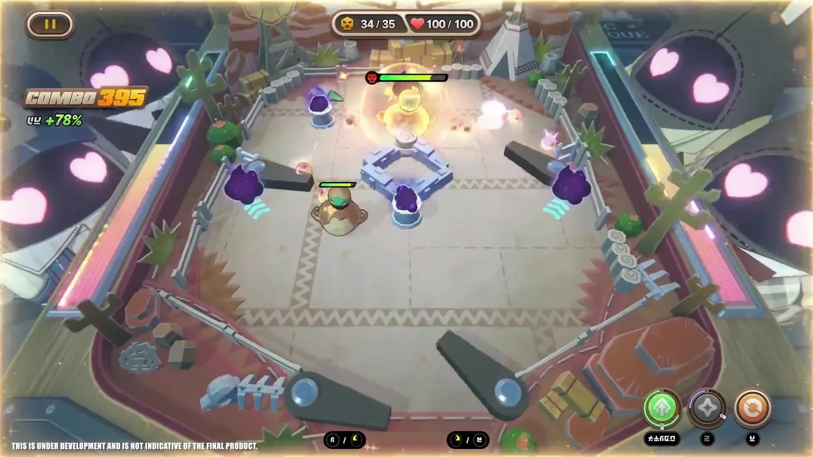 The ZZZ Clink Clank Pinball Night event board mid-run, with a 395 combo counter and the agent ball bouncing between bumpers.