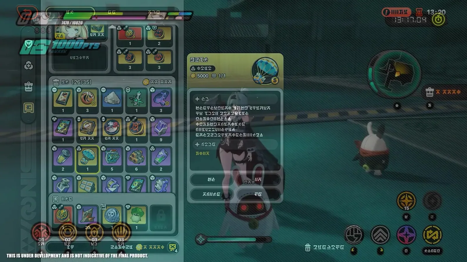 The ZZZ Operation Bagel inventory grid during a run, with Resonium-style item slots and a Bangboo standing beside the panel.