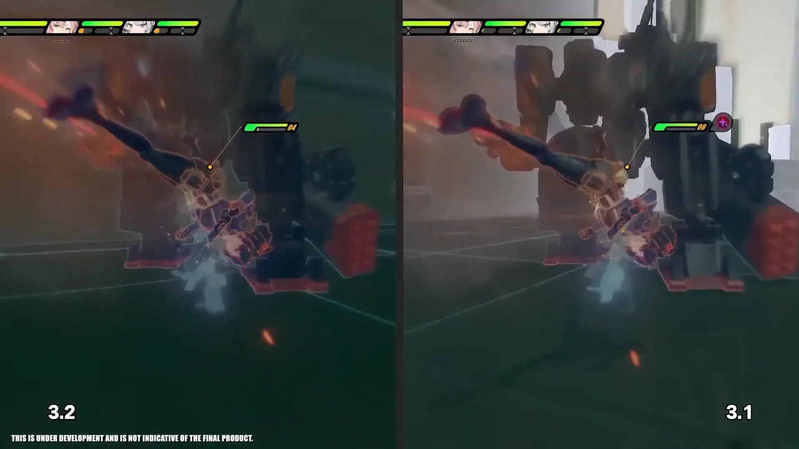 Side-by-side ZZZ combat frames labelled 3.2 and 3.1 showing how the perfect assist flash colour changed between the two versions.