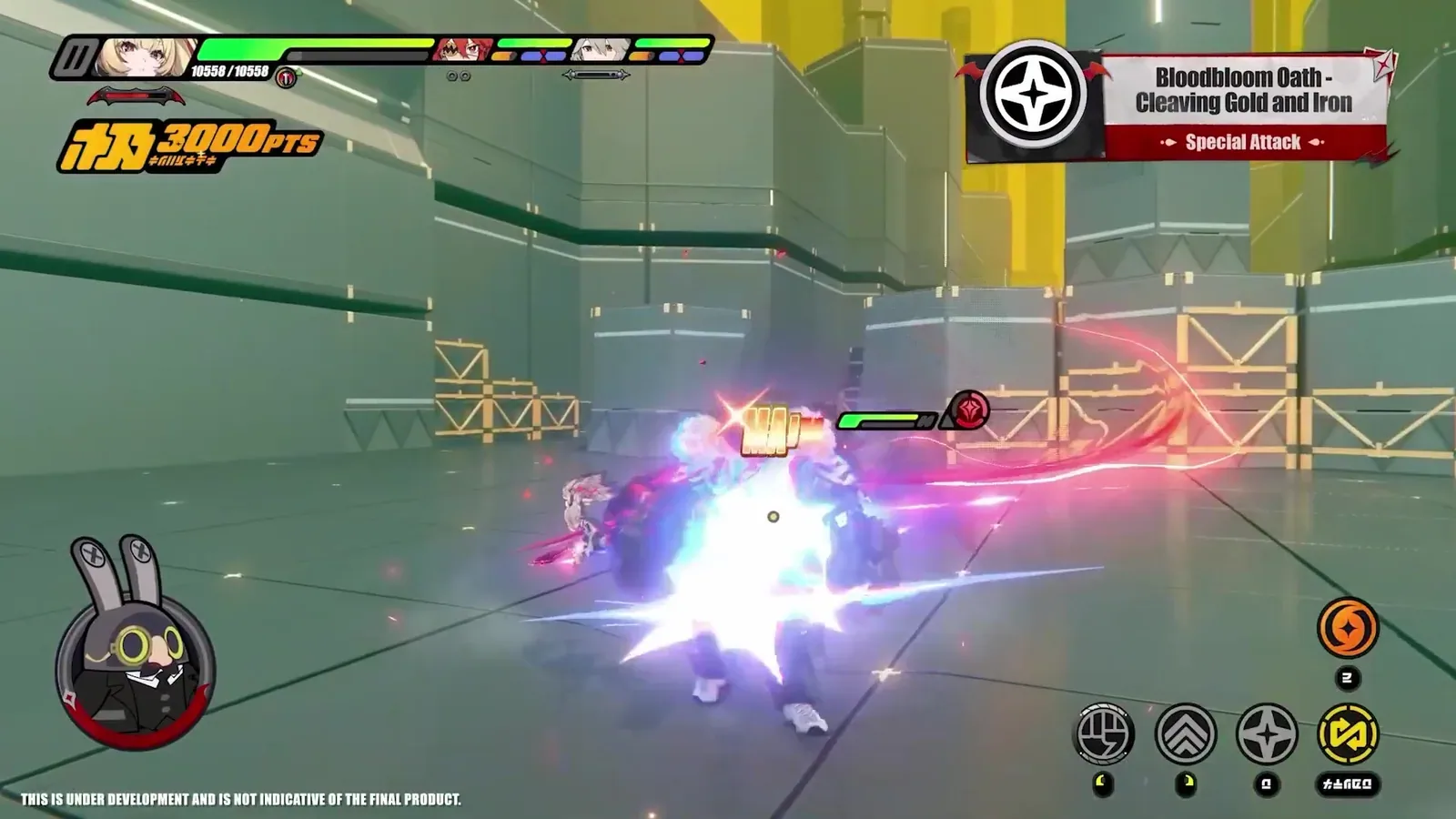 Claret in ZZZ using Bloodbloom Oath - Cleaving Gold and Iron, the blood axe Special Attack that consumes Gash stacks, named on screen.