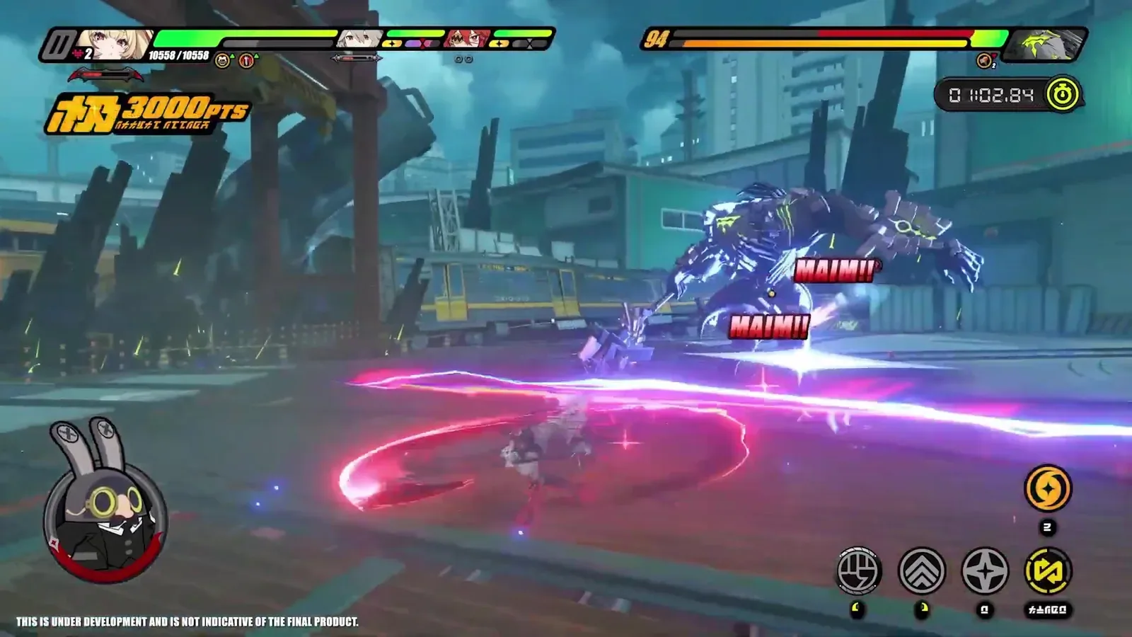 Two MAIM!! callouts stacked over an enemy in ZZZ as Claret detonates Gash stacks with her blood axe, with the damage numbers above the health bar.