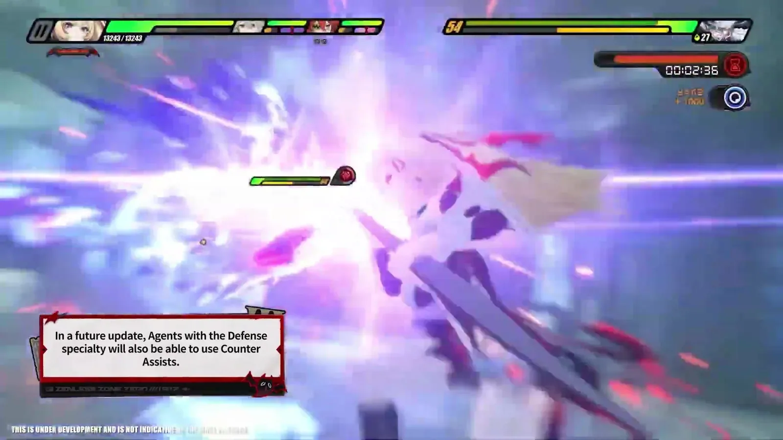 On-screen notice during the ZZZ 3.2 programme reading: in a future update, Agents with the Defense speciality will also be able to use Counter Assists.