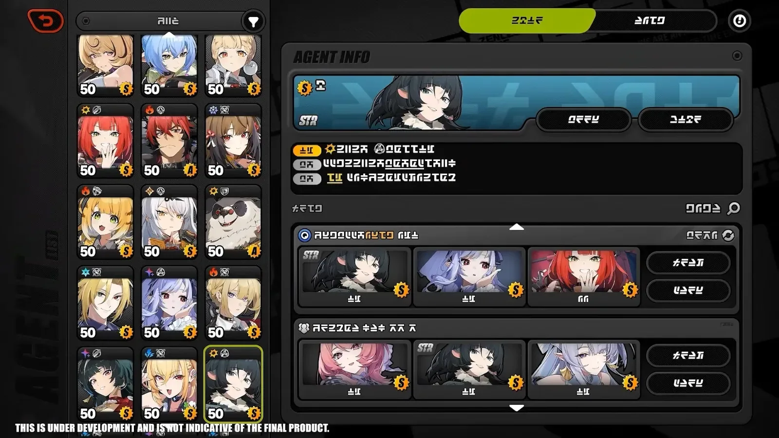 The new ZZZ Agent Info screen with recommended three-agent squads listed under an agent, shown with placeholder text in the broadcast.