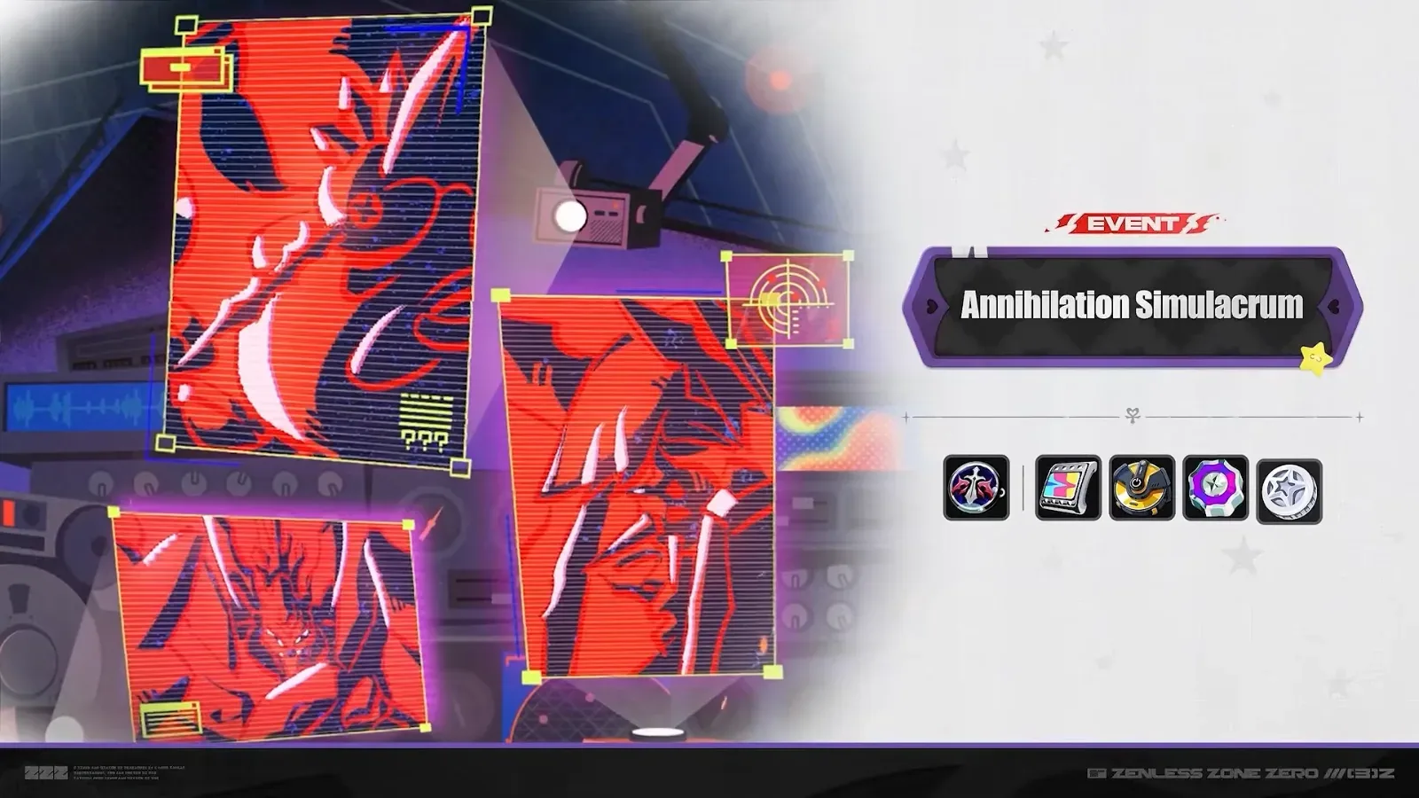ZZZ 3.3 event card for Annihilation Simulacrum, red boss silhouettes on monitors beside the event name and its reward icons.
