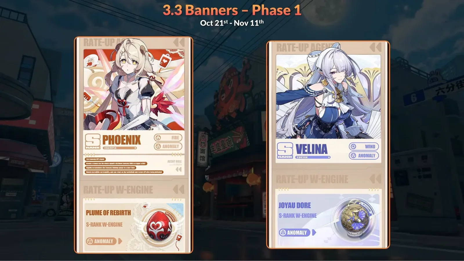 ZZZ 3.3 Banners Phase 1 slide, 21 October to 11 November, with Phoenix and the Plume of Rebirth W-Engine beside a Velina rerun with Joyau Doré.