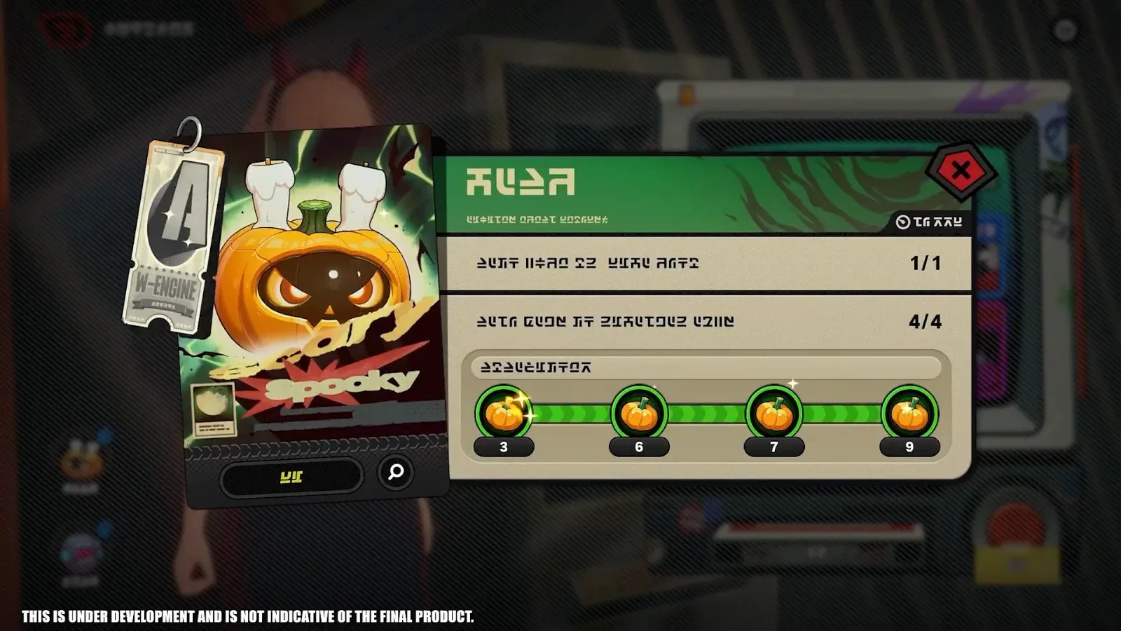 The free A-Rank W-Engine from the ZZZ 3.3 Halloween event, a pumpkin-themed Armorer engine, shown on the Spooky Funhouse Tales reward panel.