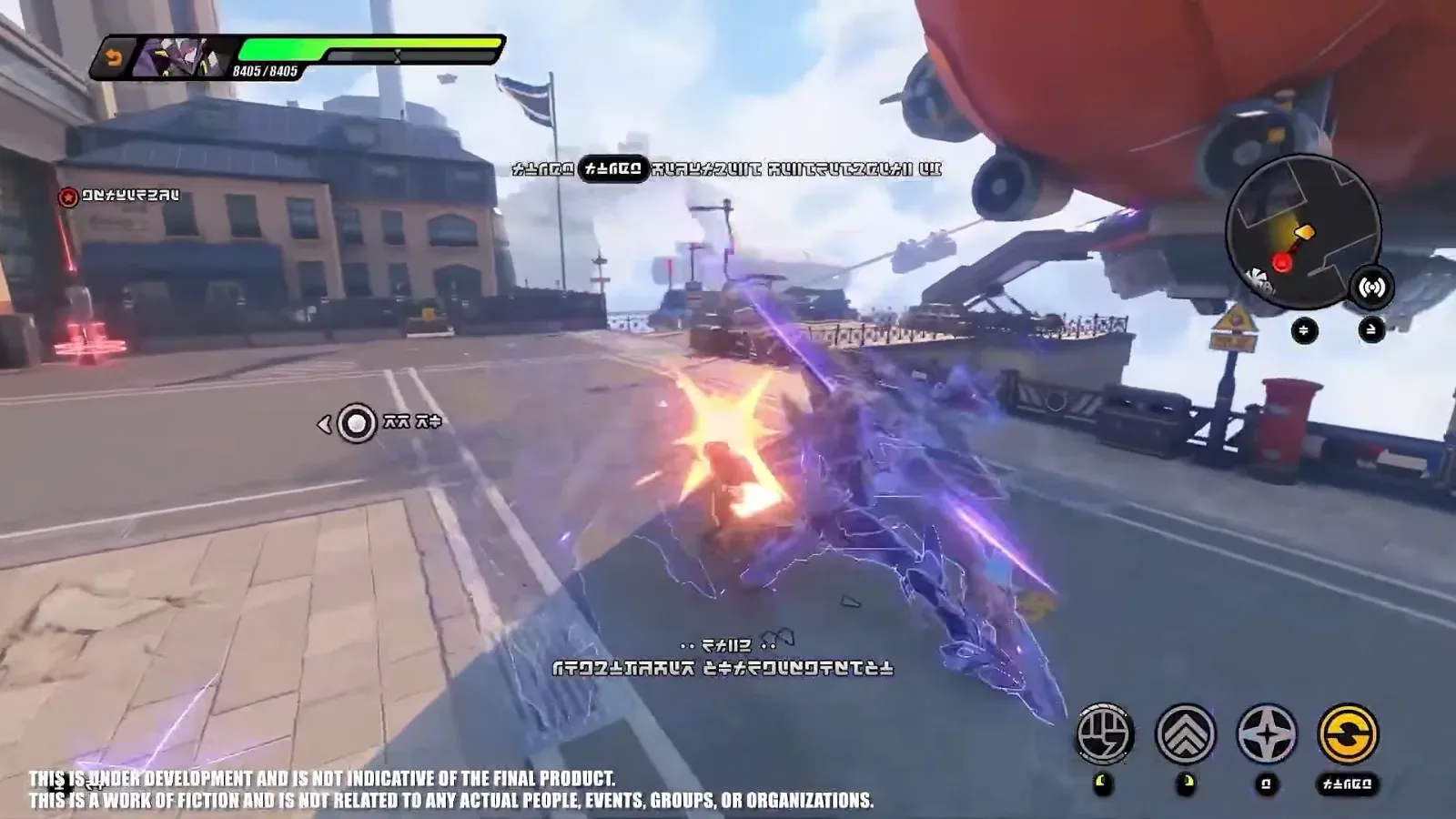 A purple High Ambitions mech fighting on a ZZZ street by the airship dock, an airship overhead and a mech HUD with its own skill buttons in the corner.