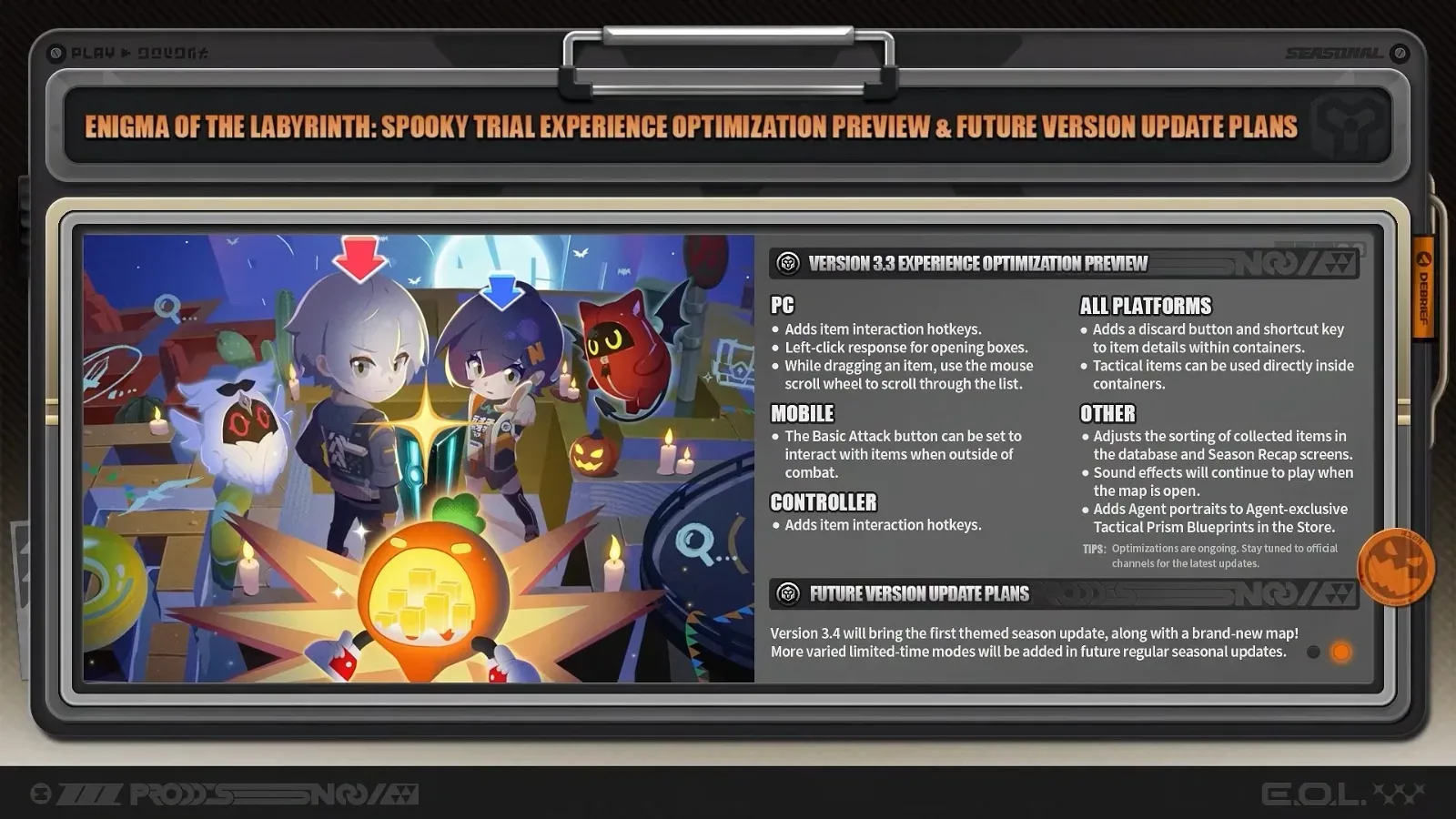 ZZZ slide listing the Version 3.3 Operation Bagel optimisation preview by platform and the plan for a themed season update with a new map in 3.4.