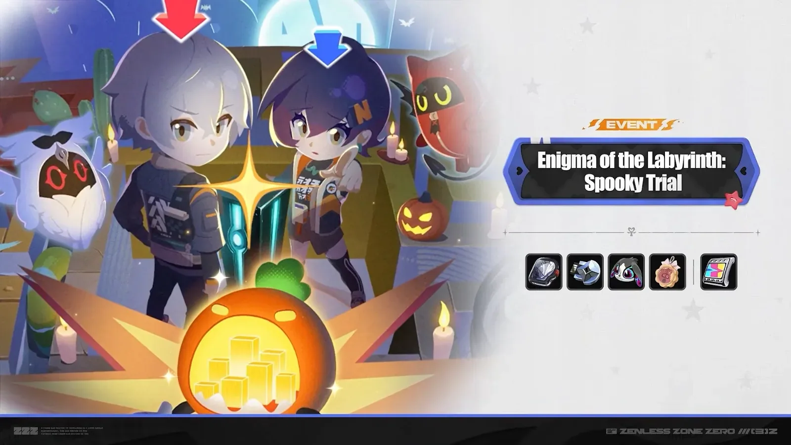ZZZ 3.3 event card for Enigma of the Labyrinth: Spooky Trial, chibi Wise and Belle beside a glowing jack-o’-lantern full of gold.