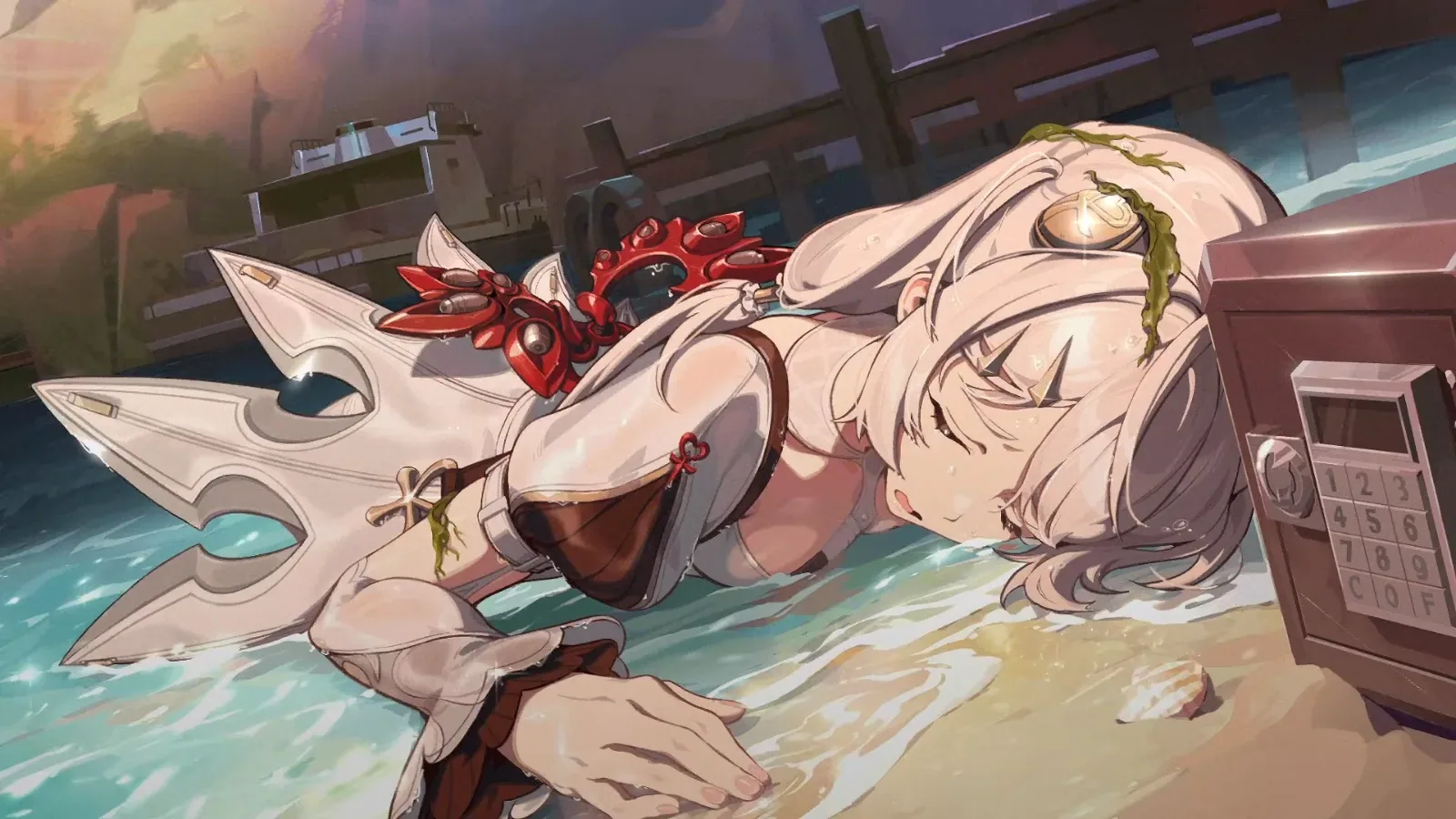 Phoenix lying unconscious on a ZZZ beach in the 3.3 trailer, her scissor weapon beside her and a locked strongbox with a keypad at her side.