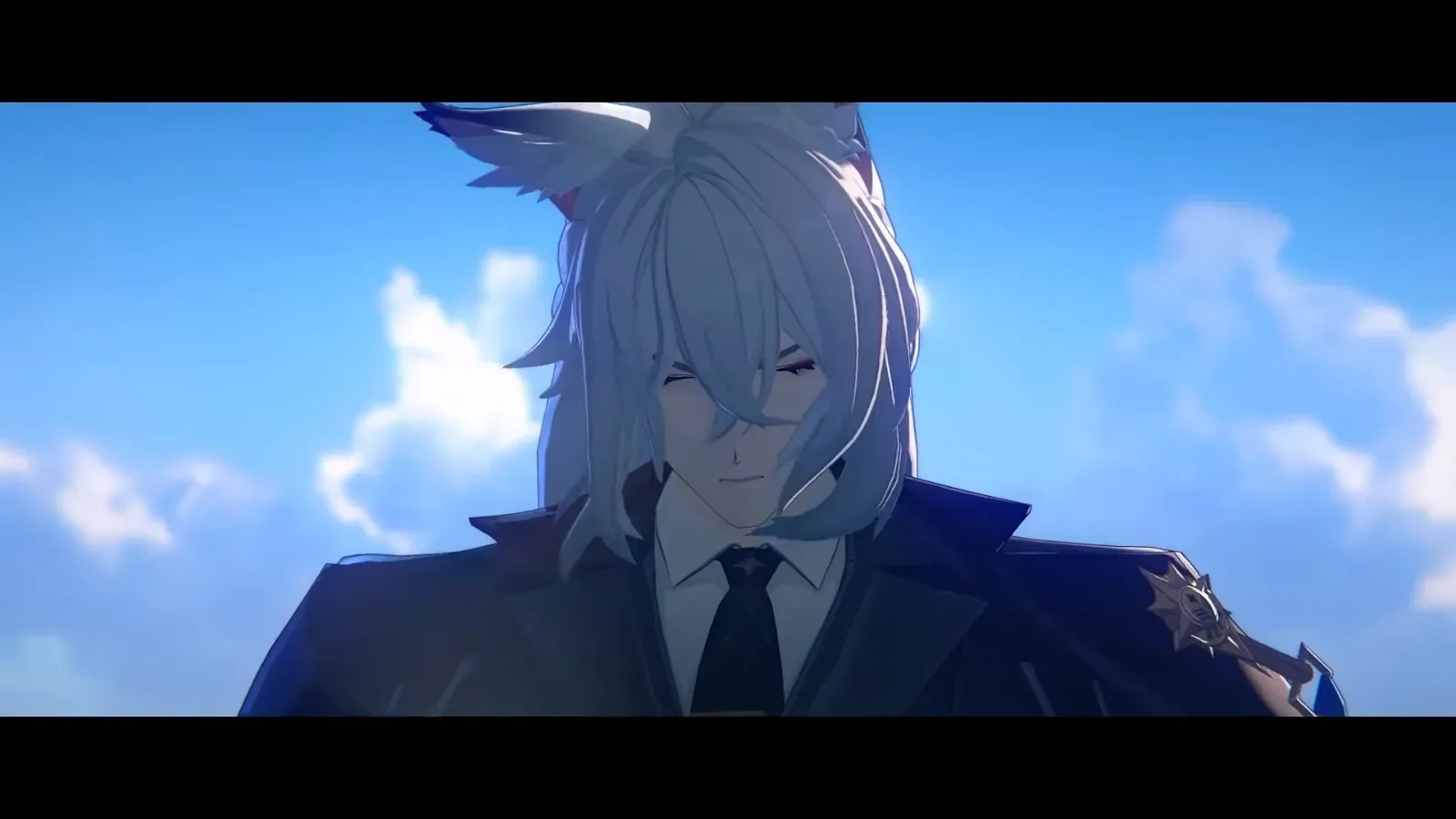 Severian, the white-haired Public Security commissioner with wolf ears, in a dark suit and tie against a blue sky in the ZZZ 3.3 trailer.