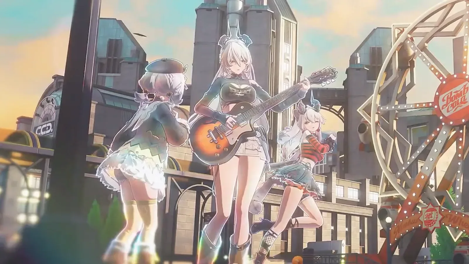 The three ZZZ Sunbringers in casual outfits playing on a rooftop stage beside a Ferris wheel, the middle one holding an electric guitar.