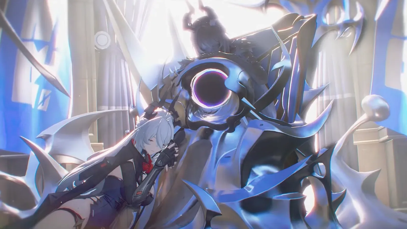 A white-haired Sunbringer in the ZZZ 3.3 trailer clutching a horned porcelain figure that holds a dark Hollow-like sphere, in a hall of blue thorned porcelain.