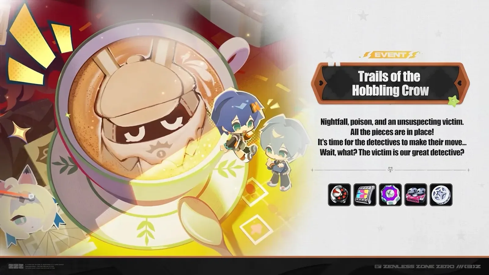 ZZZ 3.3 Trails of the Hobbling Crow event card reading nightfall, poison and an unsuspecting victim: the victim is our great detective.