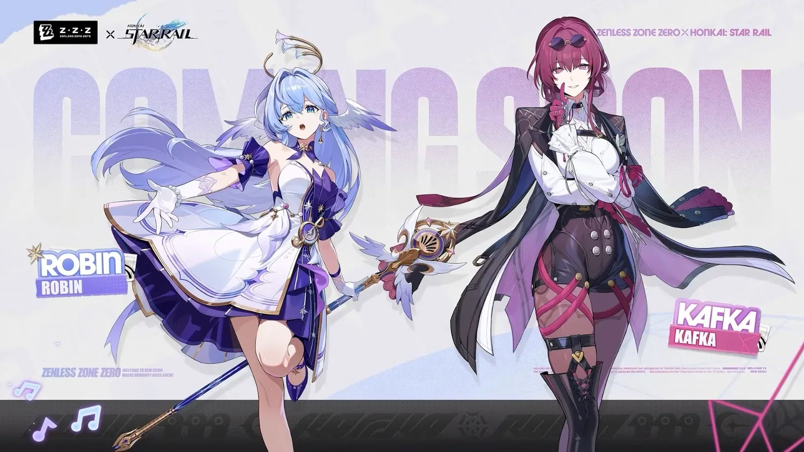 Zenless Zone Zero x Honkai: Star Rail coming soon art showing Robin with her staff and Kafka with her sunglasses, drawn in ZZZ style.