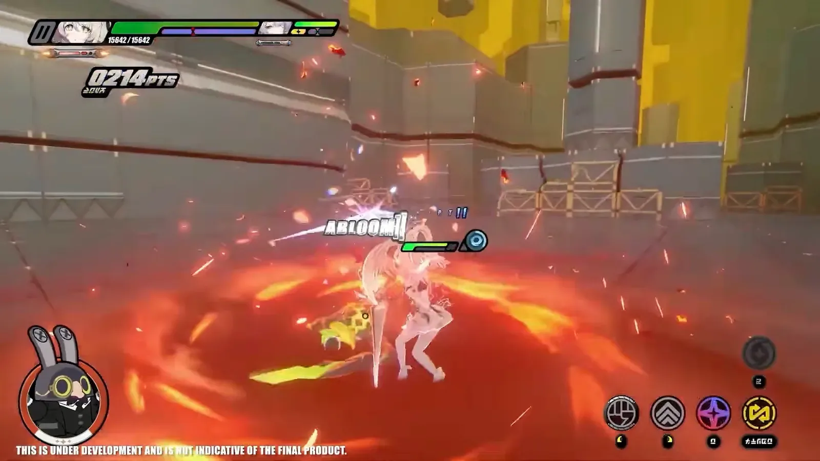 An ABLOOM!! callout over an enemy as Phoenix stands in a ring of fire in ZZZ, the Abloom trigger her finisher is built around.