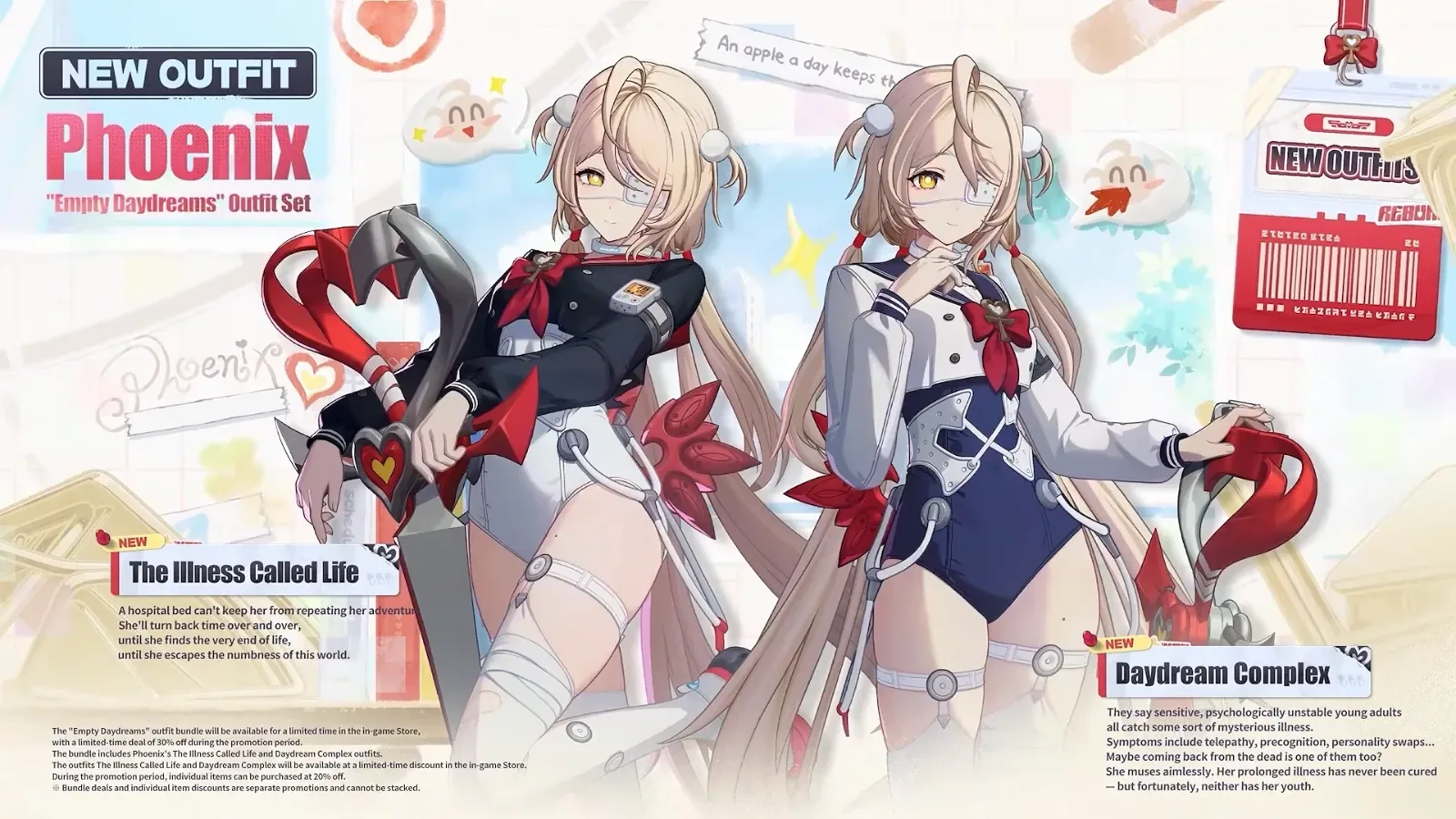 ZZZ New Outfit slide for Phoenix’s Empty Daydreams set, two school uniform variants named The Illness Called Life and Daydream Complex.