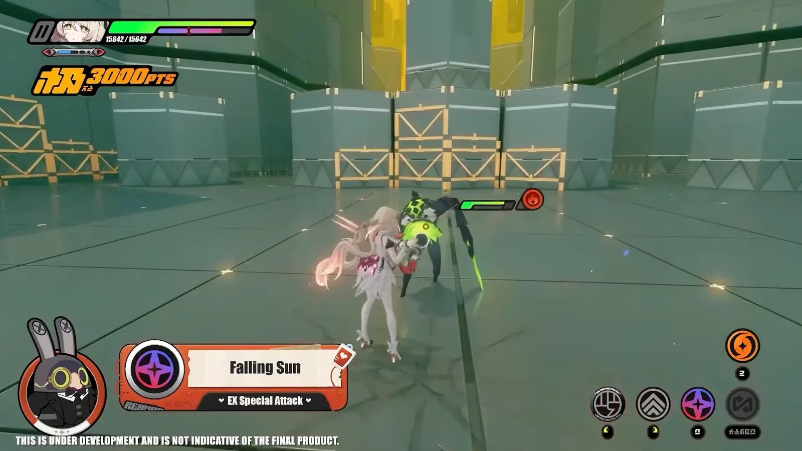 Phoenix casting Falling Sun, labelled EX Special Attack, against a training dummy in ZZZ, with a 3000 point score in the top left.