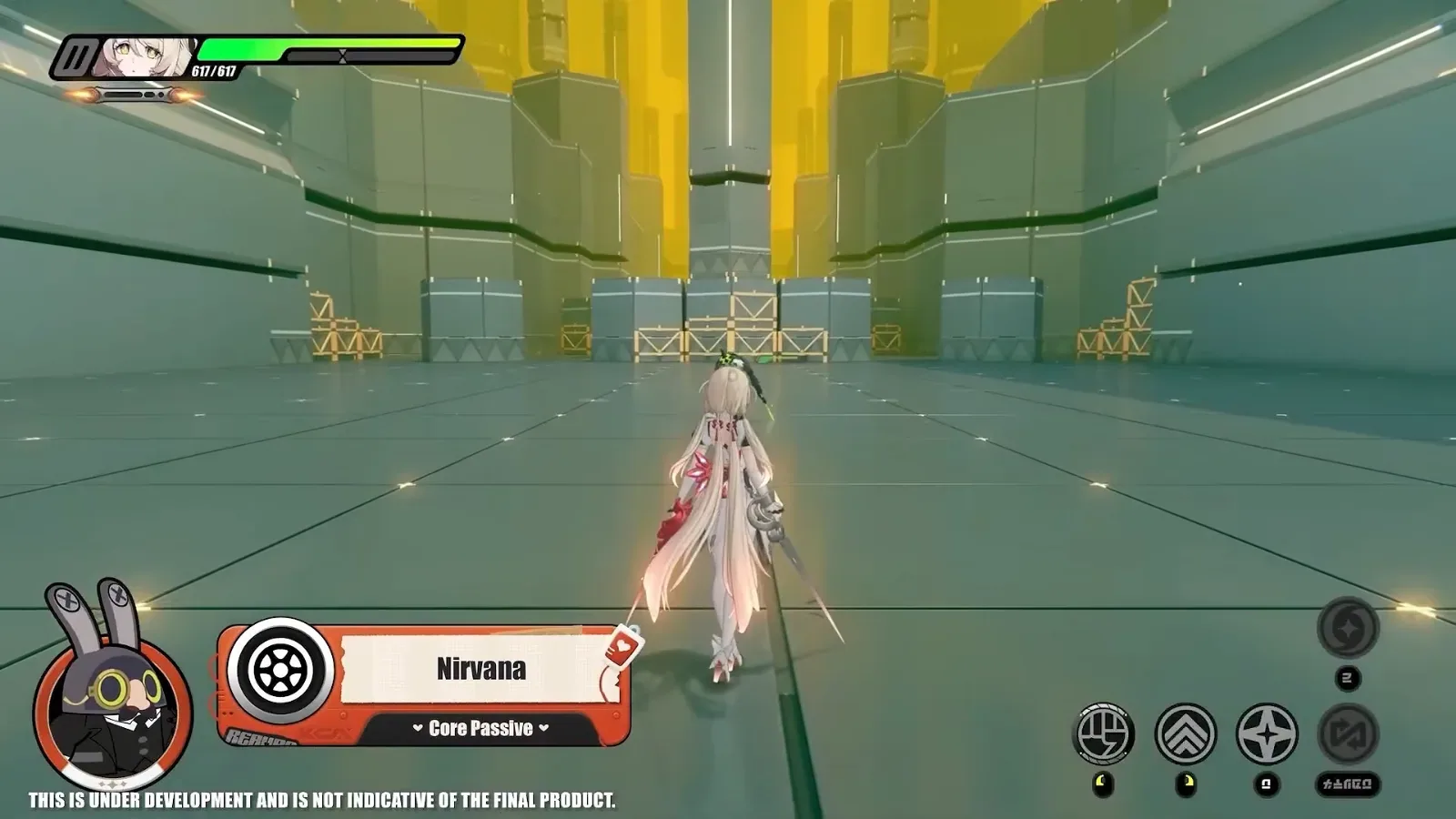 Phoenix standing in the ZZZ training room with the skill label Nirvana, Core Passive, the passive that lets Attribute Anomaly damage critically hit.