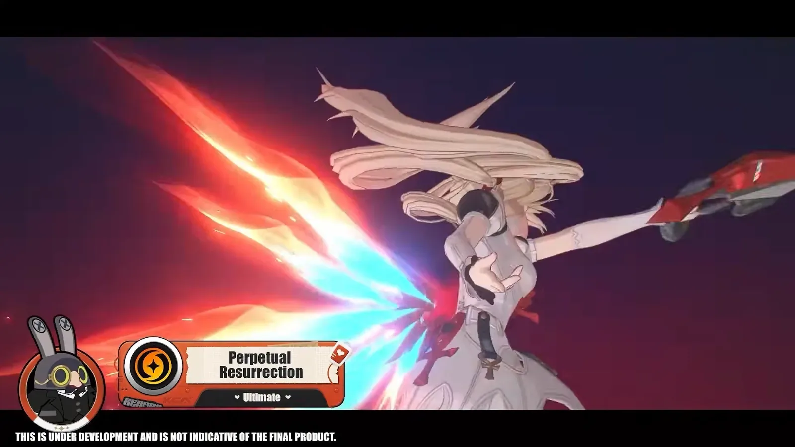 Phoenix diving with flaming wings spread in her ZZZ Ultimate, Perpetual Resurrection, named on the skill label in the lower left.