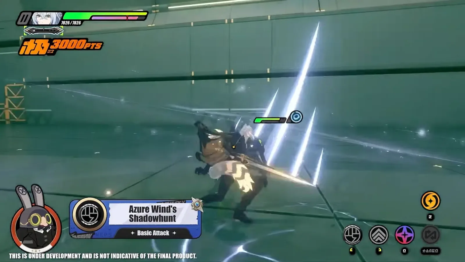Severian lunging with wind slashes in ZZZ under the skill label Azure Wind’s Shadowhunt, Basic Attack, his Flow-spending burst.