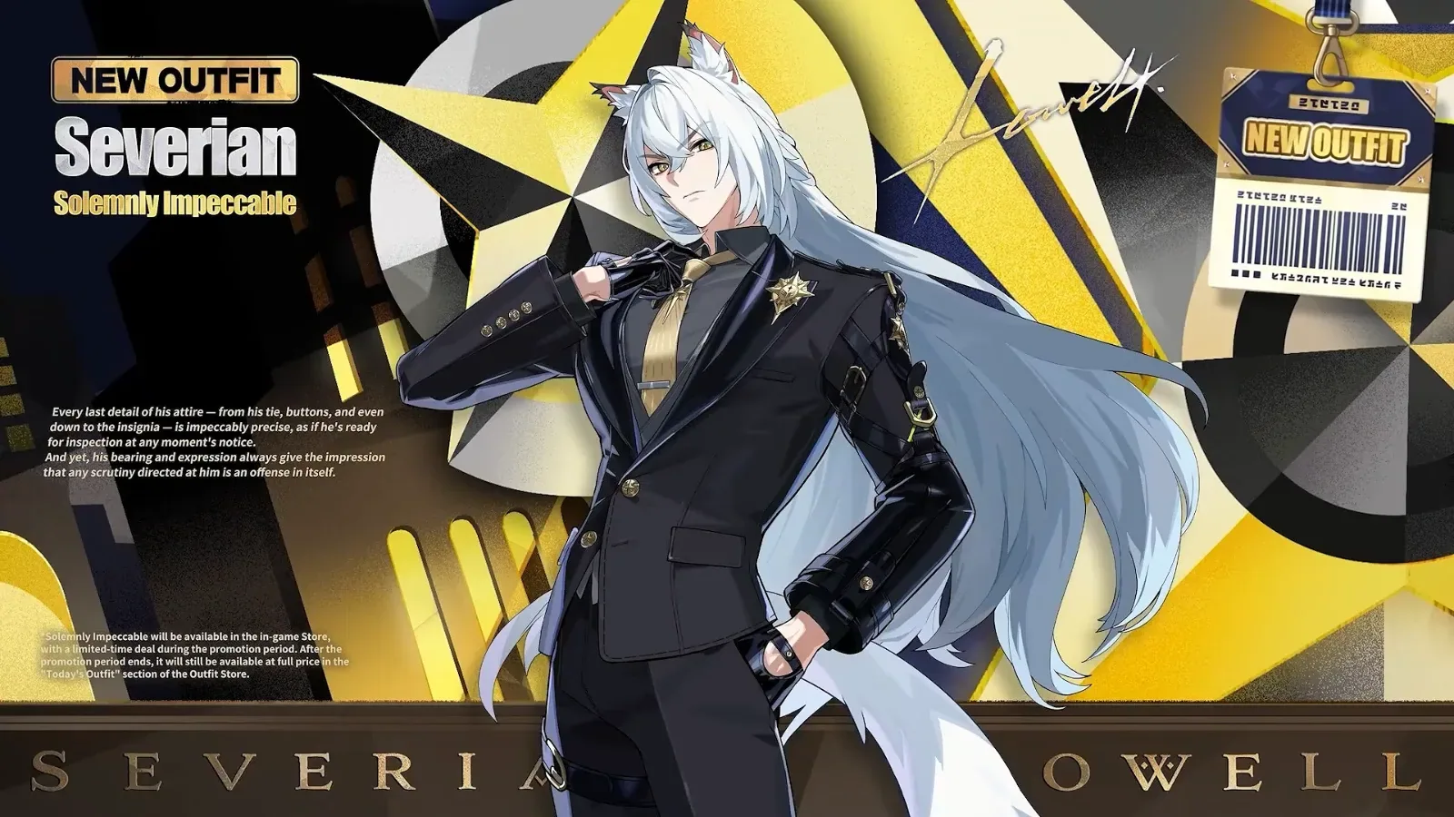 ZZZ New Outfit slide for Severian’s Solemnly Impeccable, a black three-piece suit with a gold tie and his long white hair loose.