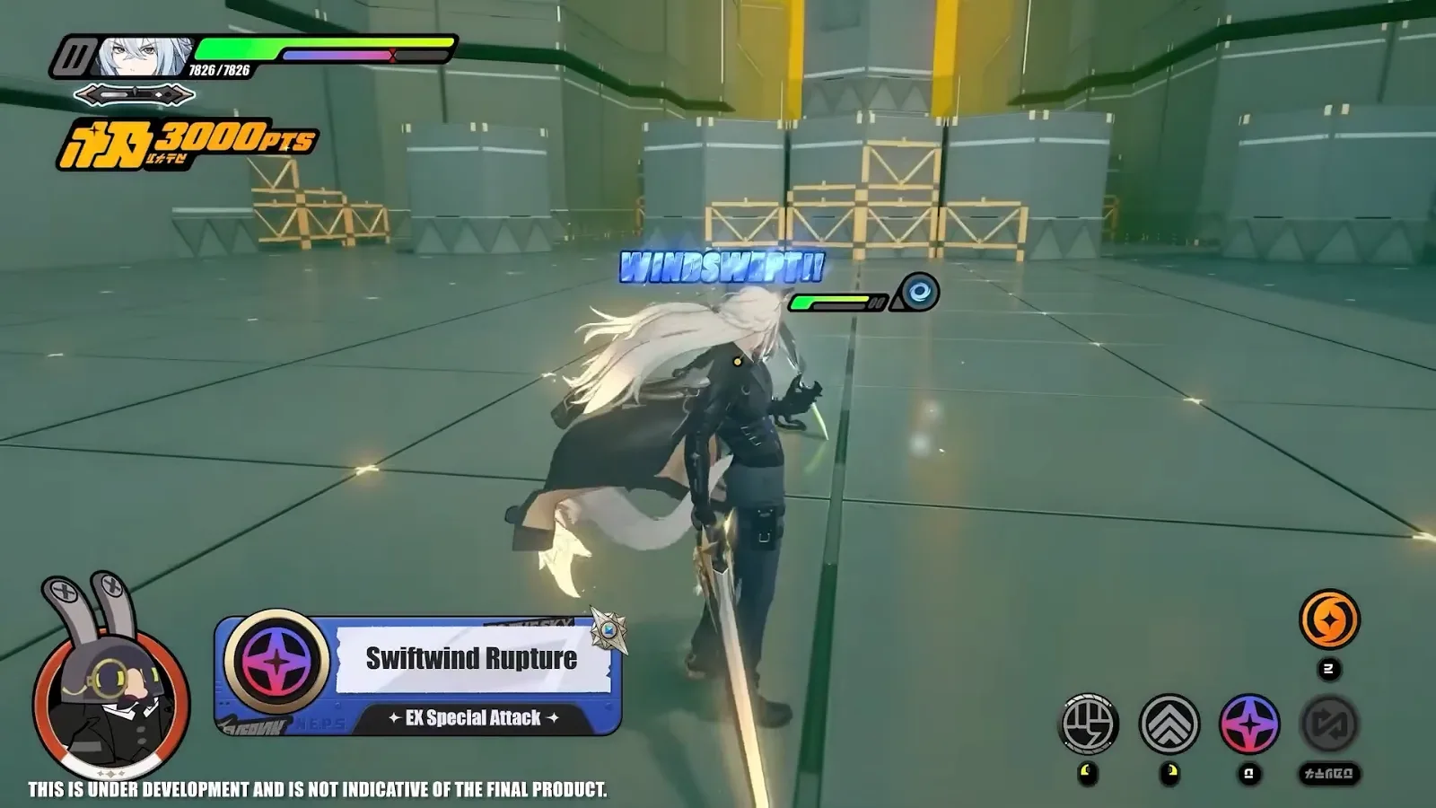 Severian using Swiftwind Rupture, his ZZZ EX Special Attack, as a WINDSWEPT!! callout appears over the enemy.