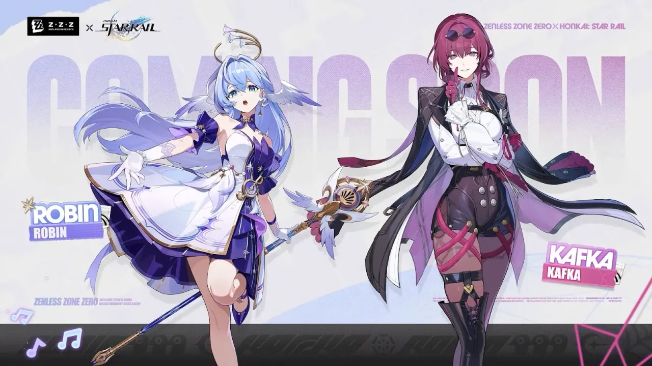 Zenless Zone Zero x Honkai: Star Rail coming soon art with Robin and Kafka drawn in ZZZ style